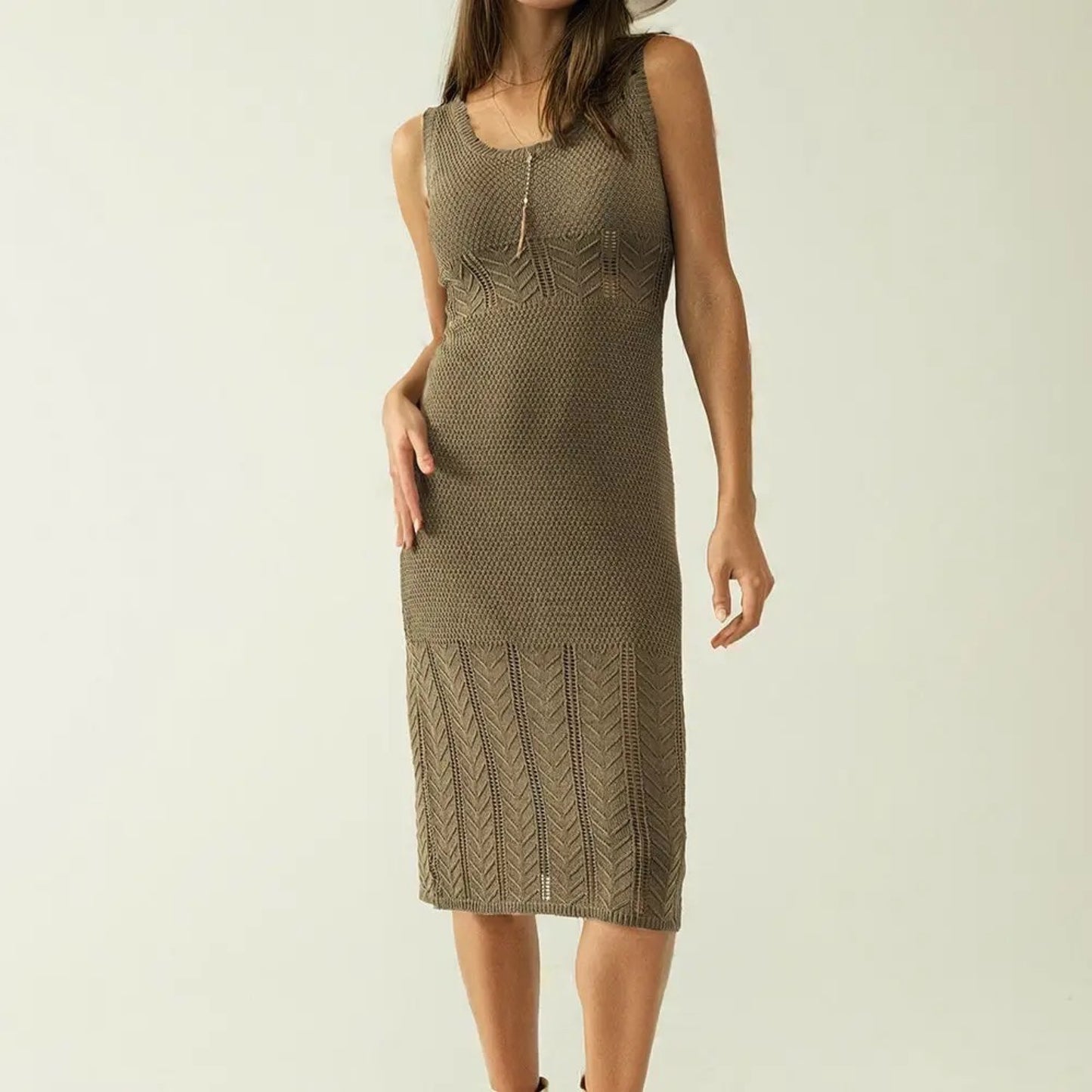 Sleeveless Khaki Knit Midi Dress