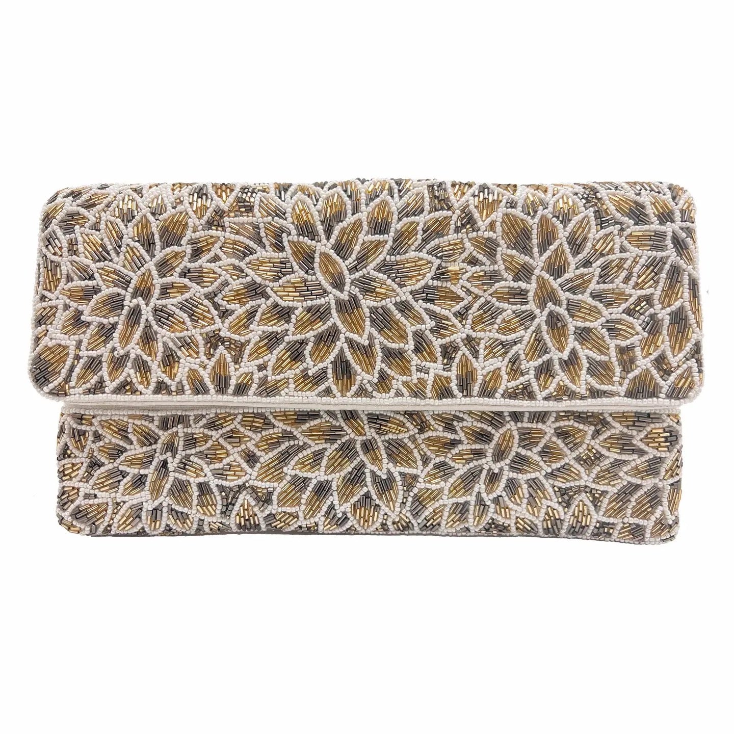 Silver & Gold Flowers Beaded Clutch