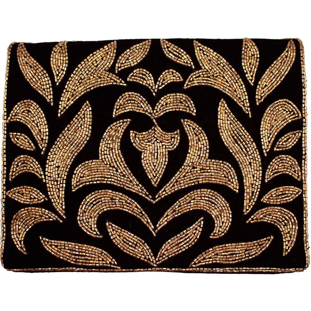Velvet Black & Gold Beaded Clutch