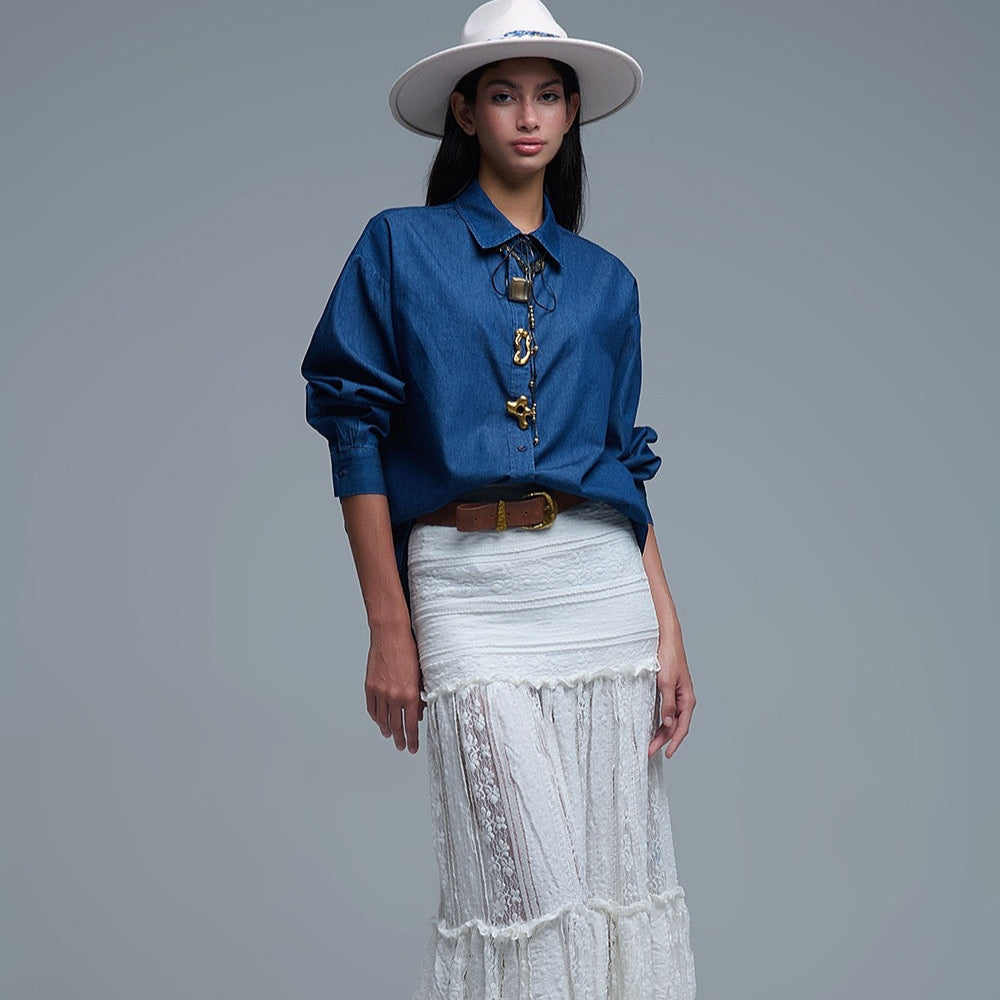 Relaxed Denim Shirt With Abstract Gold Button Detail