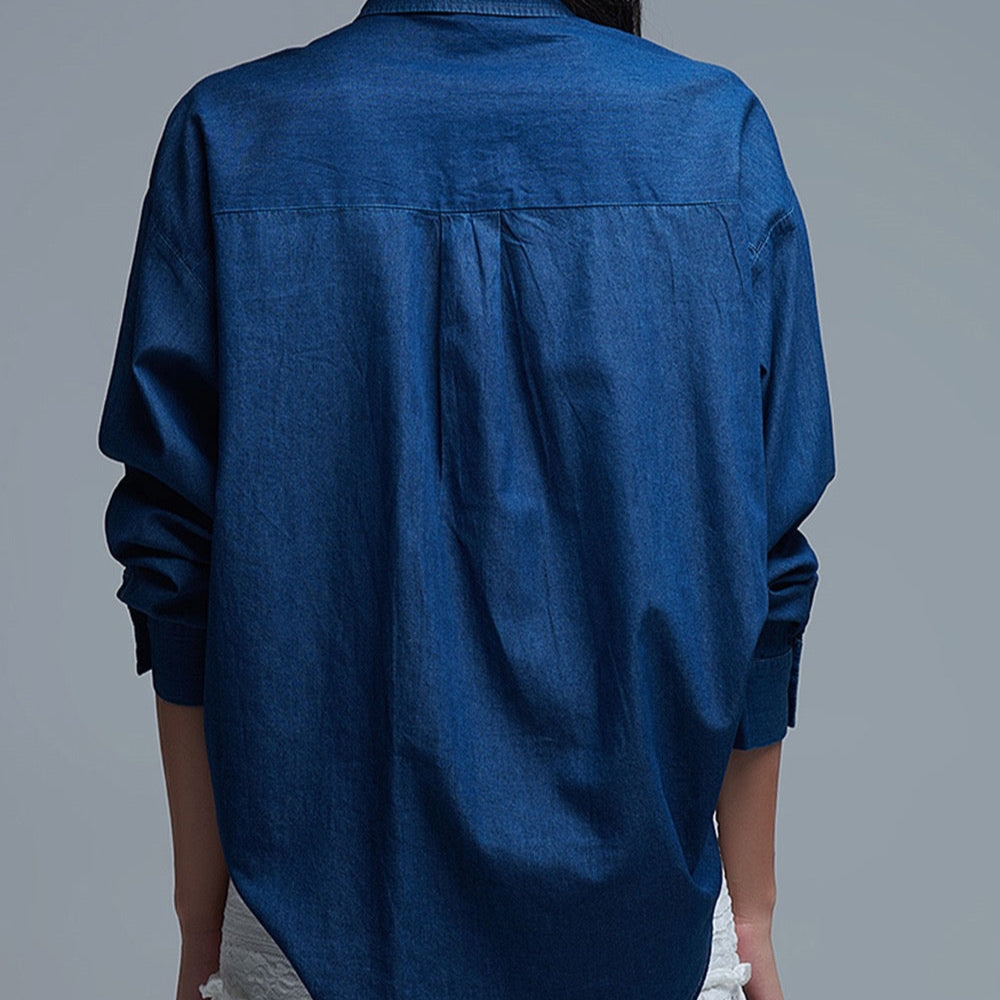 Relaxed Denim Shirt With Abstract Gold Button Detail