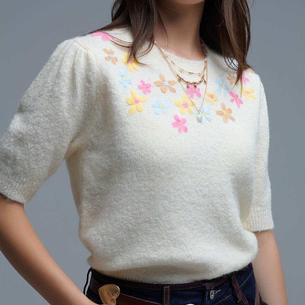 Cream Chunky Short Sleeve Sweater With Pastel Floral Detail