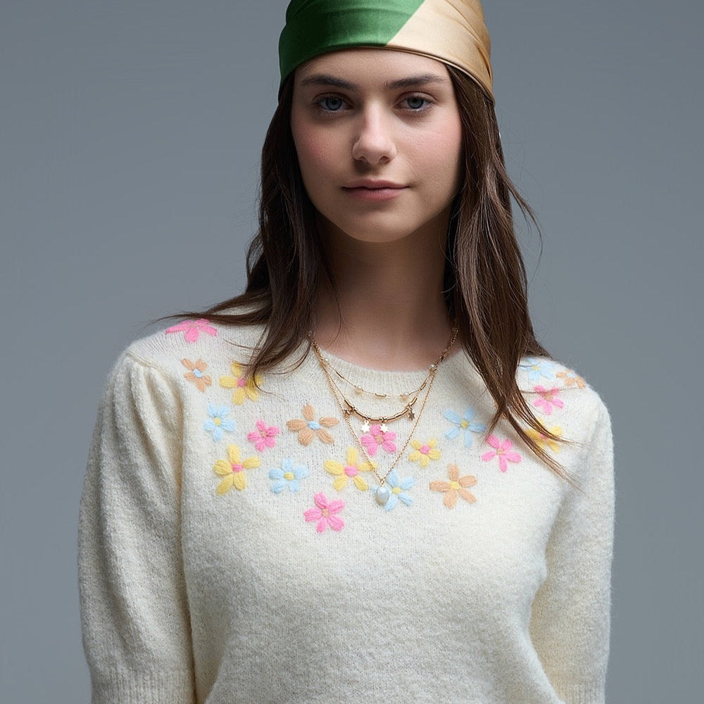 Cream Chunky Short Sleeve Sweater With Pastel Floral Detail