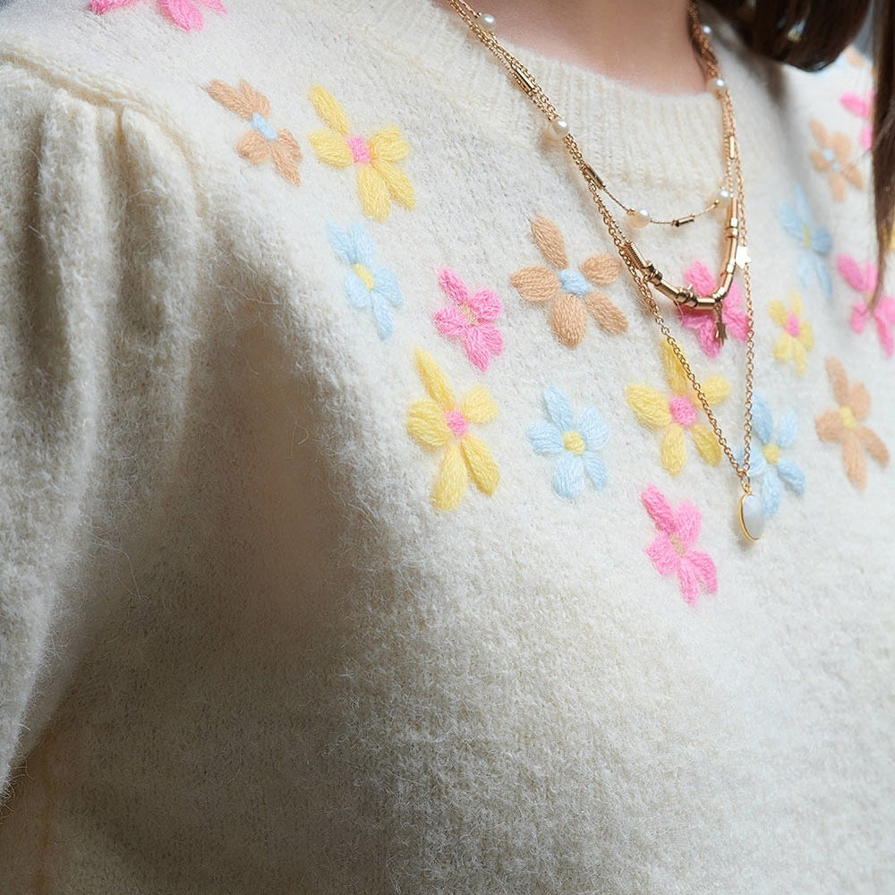 Cream Chunky Short Sleeve Sweater With Pastel Floral Detail