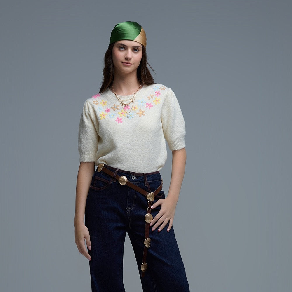 Cream Chunky Short Sleeve Sweater With Pastel Floral Detail