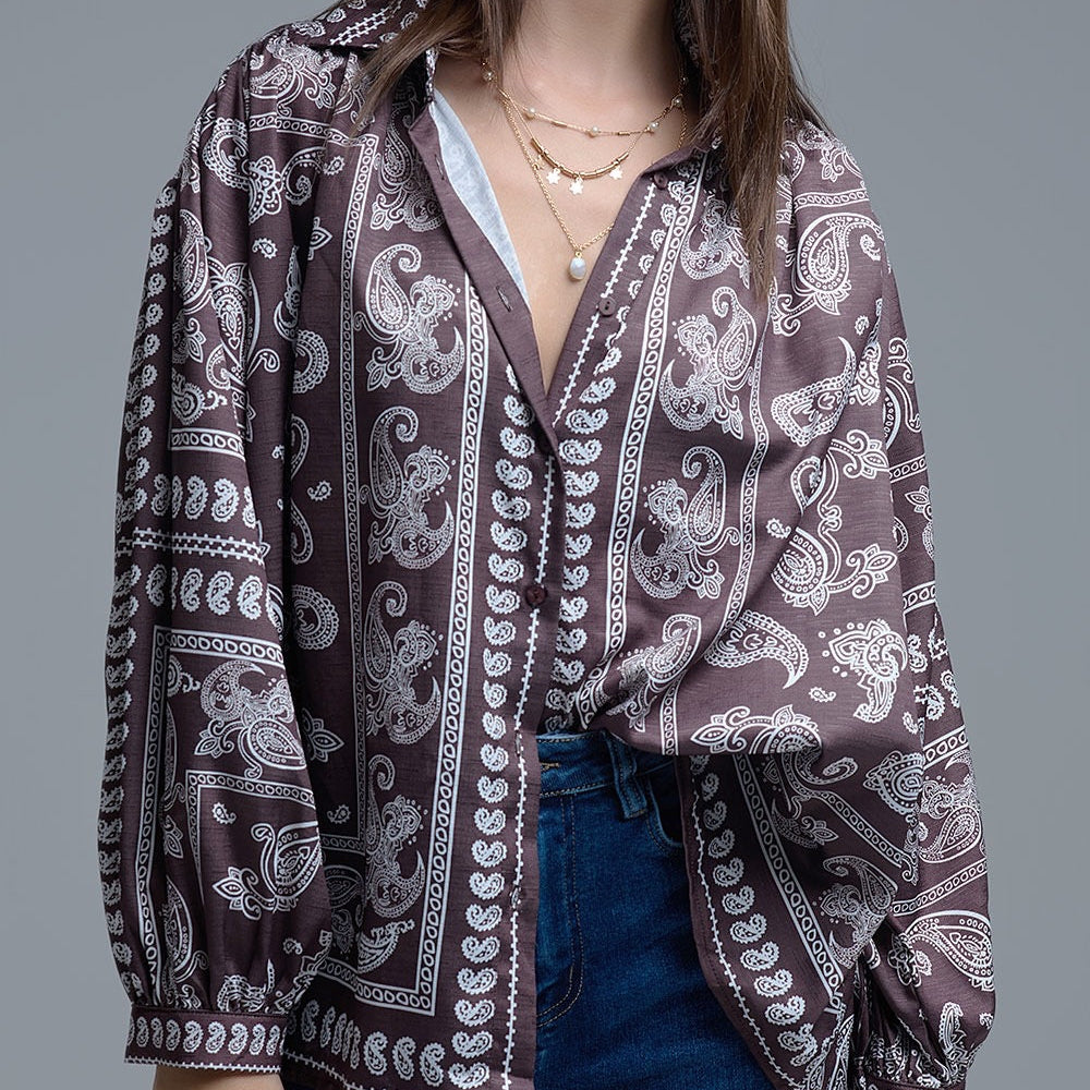 Brown Paisley Blouse With Volumonous Sleeves