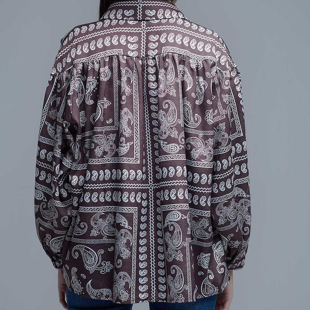Brown Paisley Blouse With Volumonous Sleeves