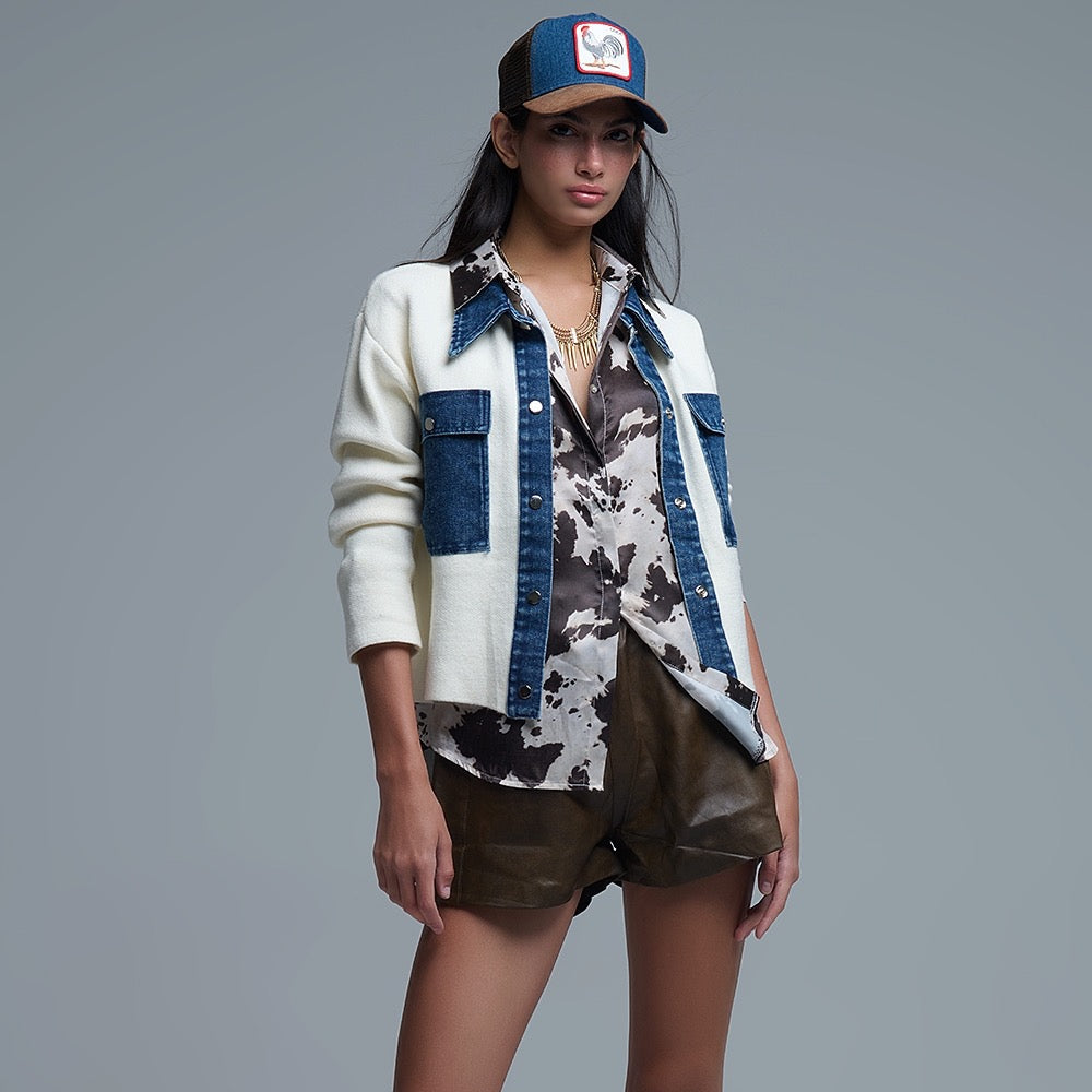 Cream Knitted Cardigan With Blue Denim Detail