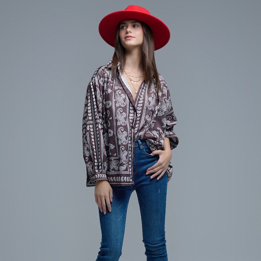 Brown Paisley Blouse With Volumonous Sleeves