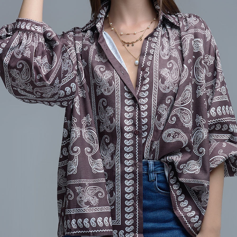 Brown Paisley Blouse With Volumonous Sleeves