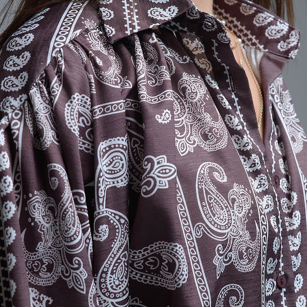 Brown Paisley Blouse With Volumonous Sleeves