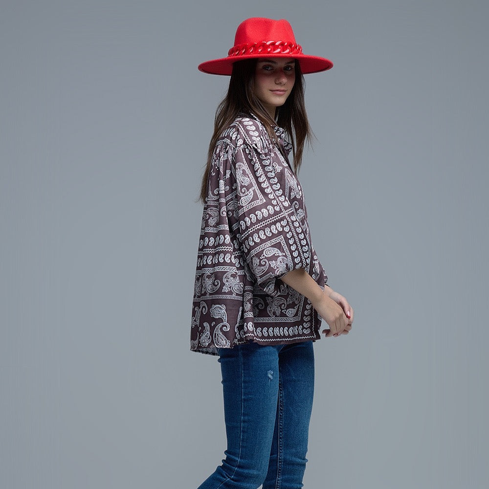 Brown Paisley Blouse With Volumonous Sleeves