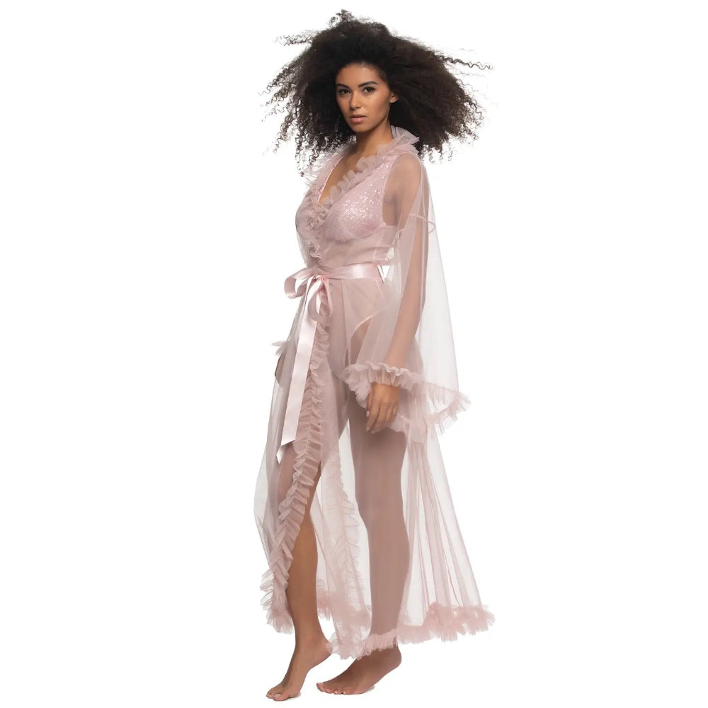 Veil Tulle Ruffle Peignoir Robe - Lotus