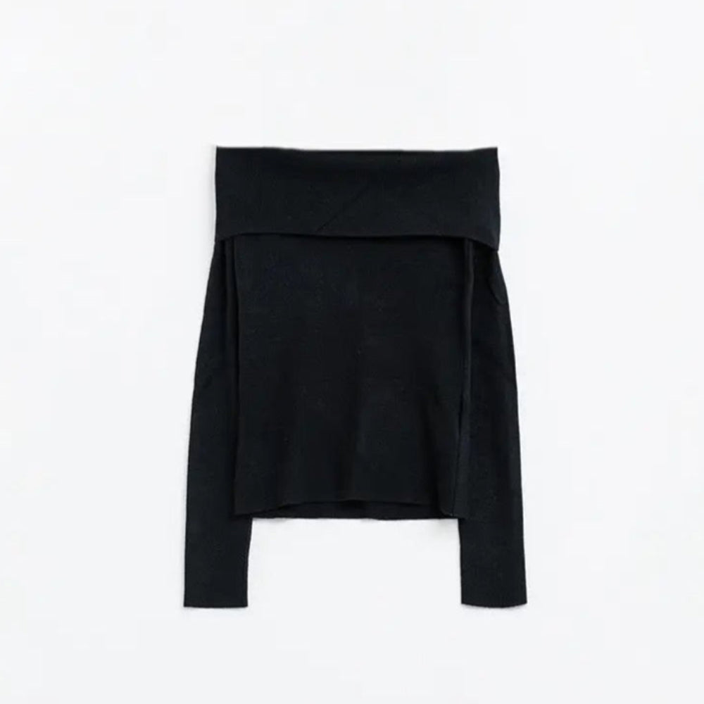 Black Fine Knit Sweater with Wide Boat Neck