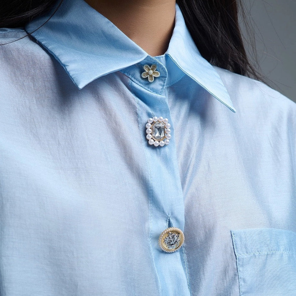 Silky Loose Shirt with Button Medley in Blue