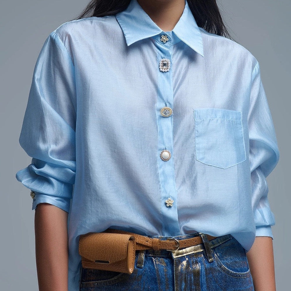 Silky Loose Shirt with Button Medley in Blue