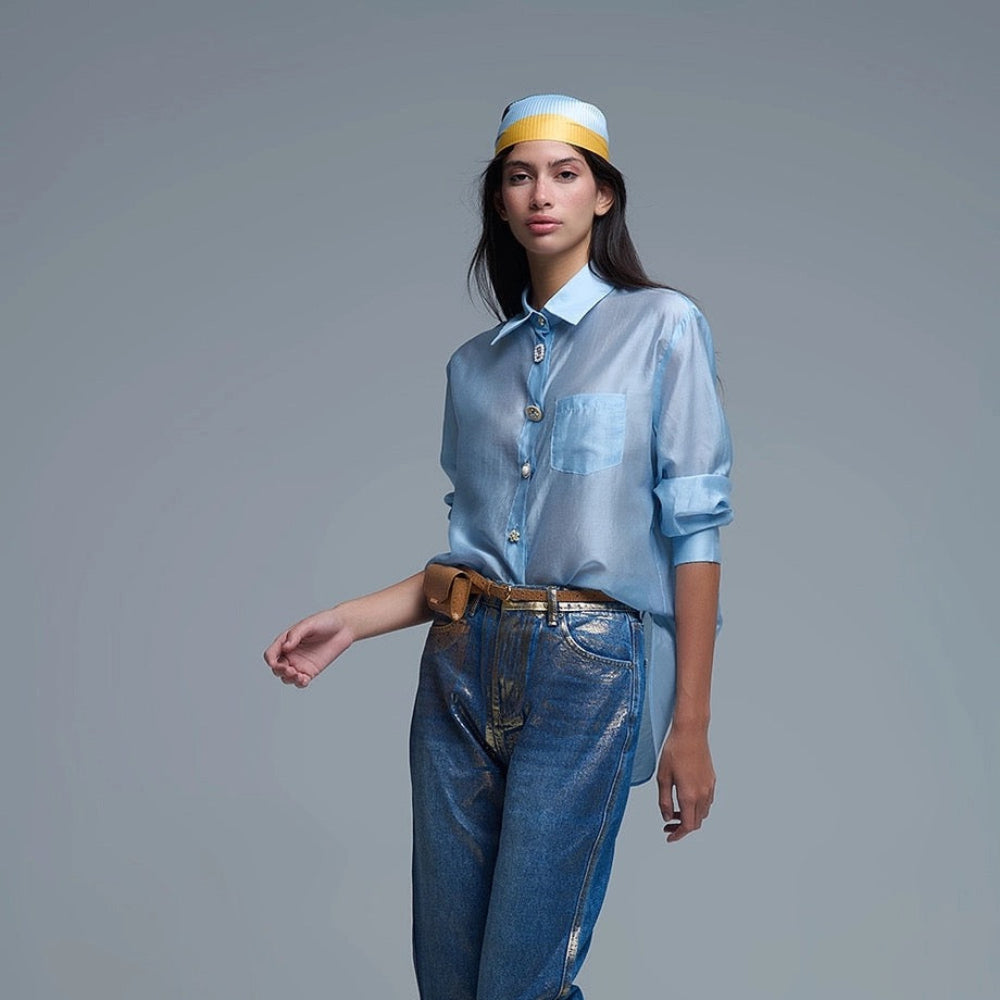 Silky Loose Shirt with Button Medley in Blue