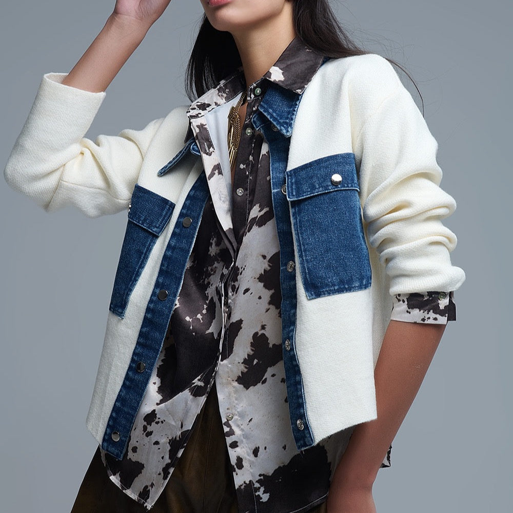 Cream Knitted Cardigan With Blue Denim Detail