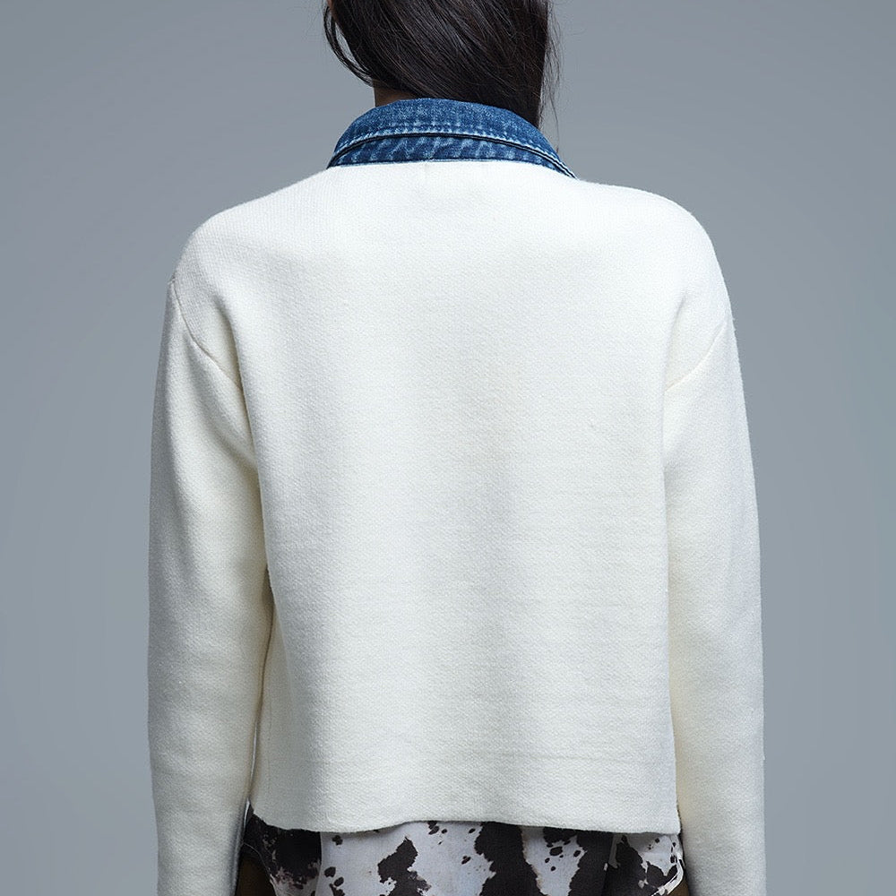 Cream Knitted Cardigan With Blue Denim Detail