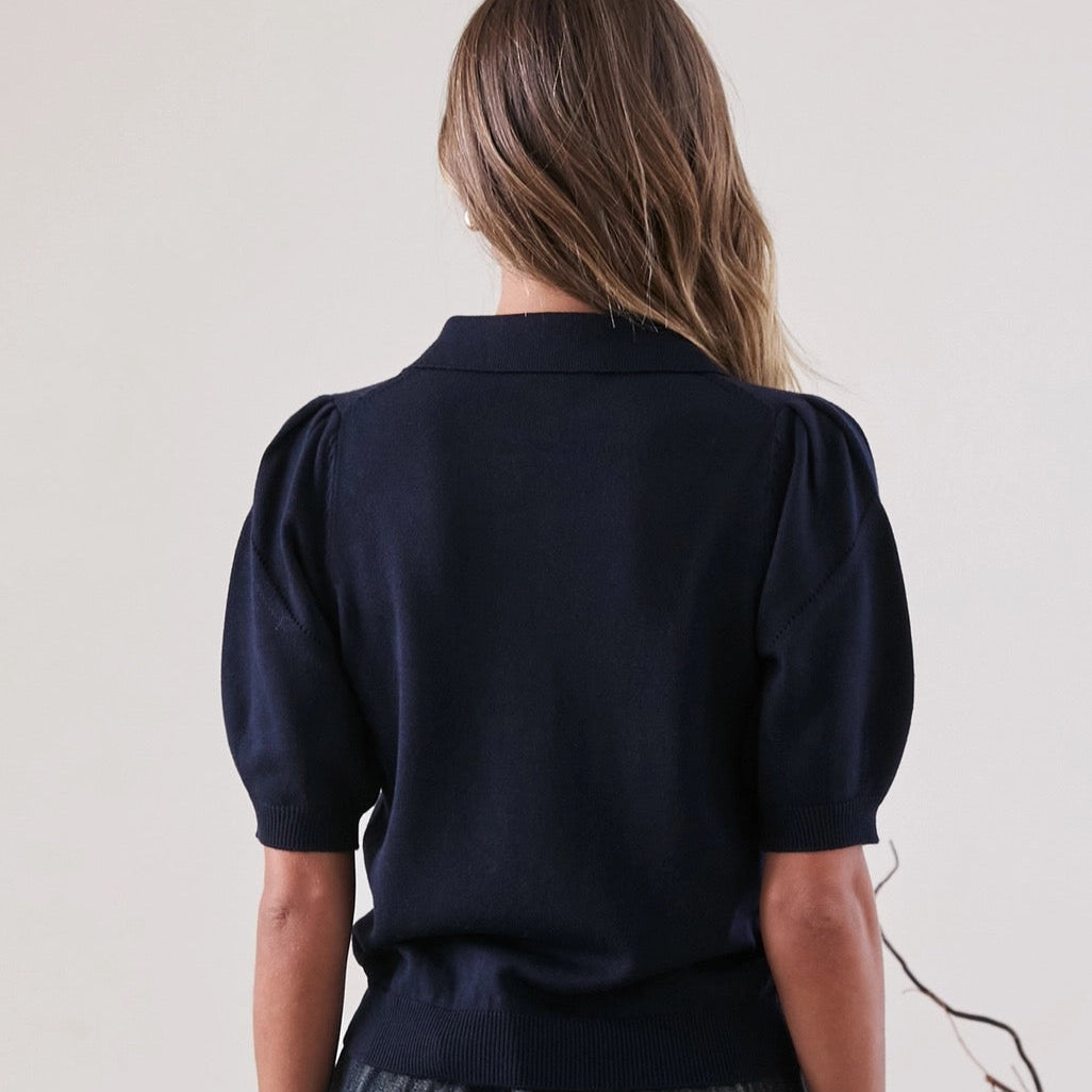 Ribbed Polo Knit Top In Navy