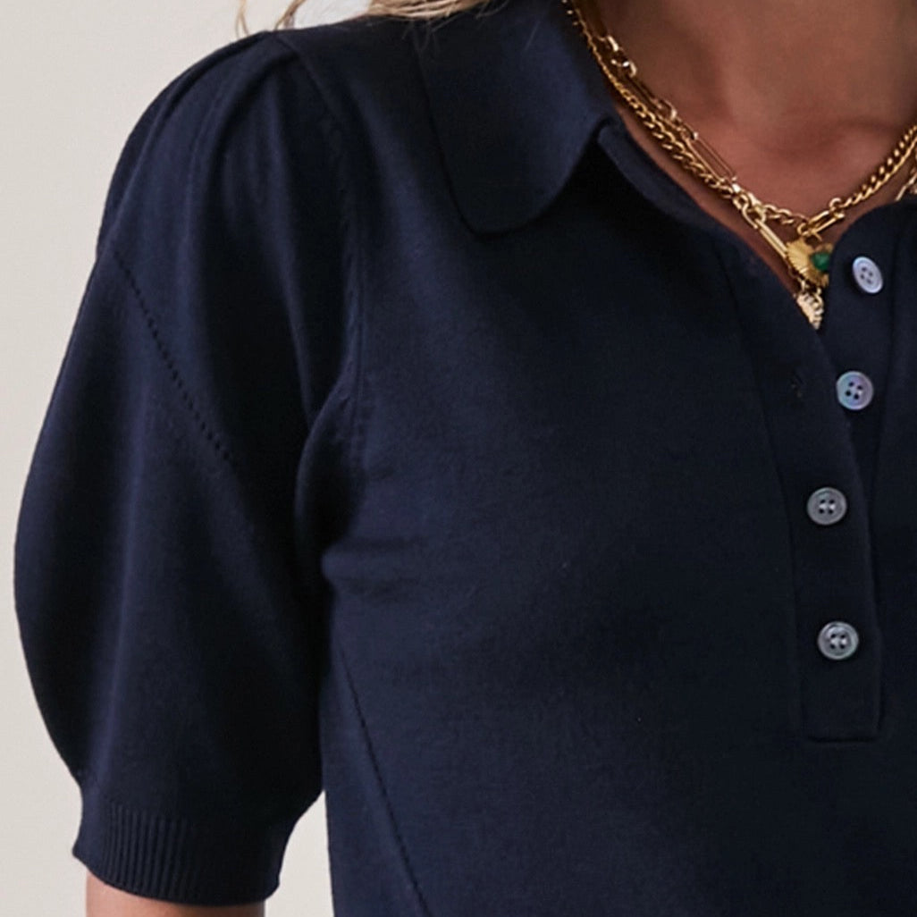 Ribbed Polo Knit Top In Navy