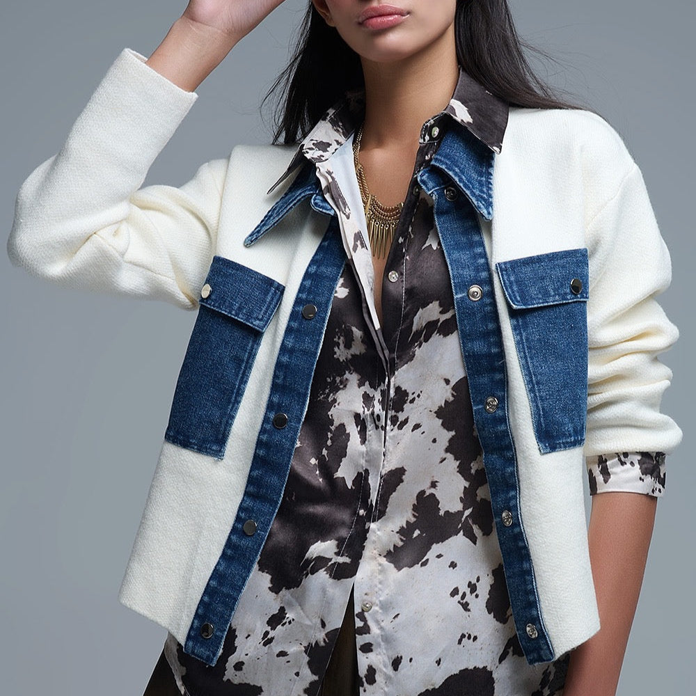 Cream Knitted Cardigan With Blue Denim Detail