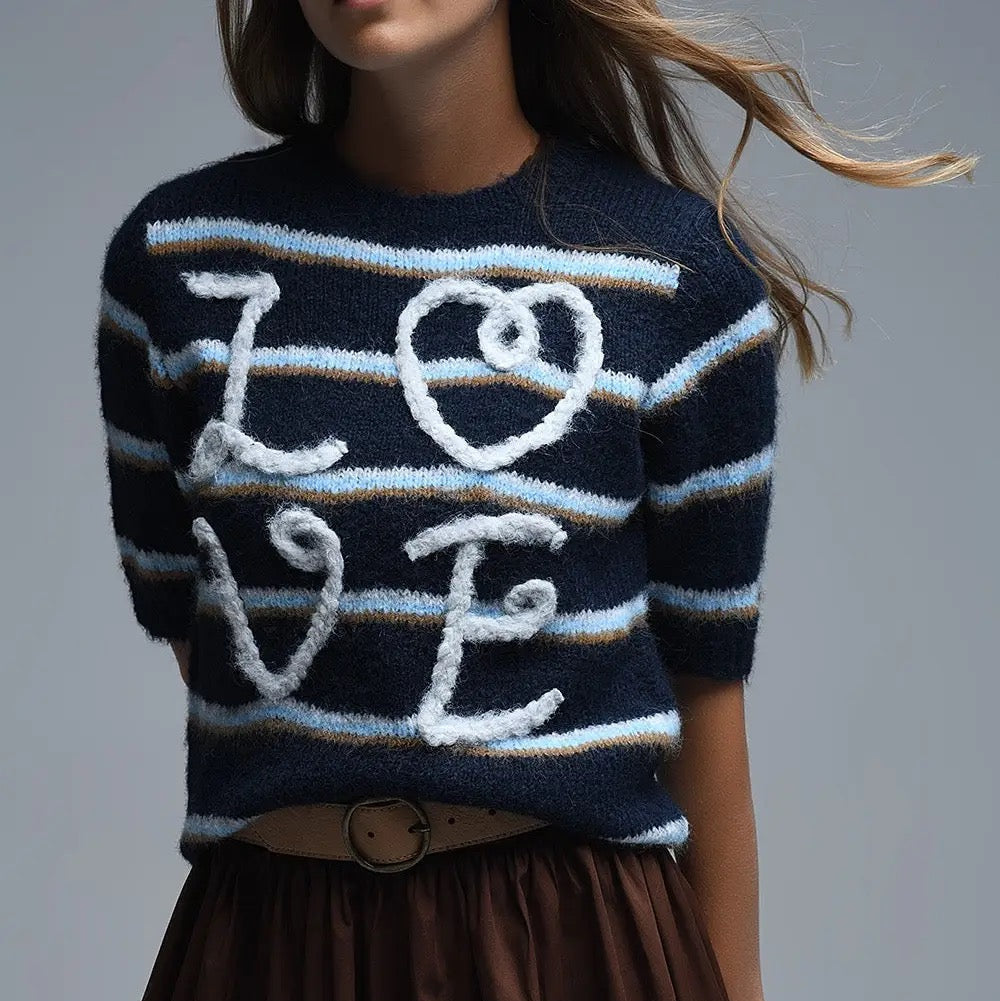 Short Sleeve Embroidered Love Sweater in Navy