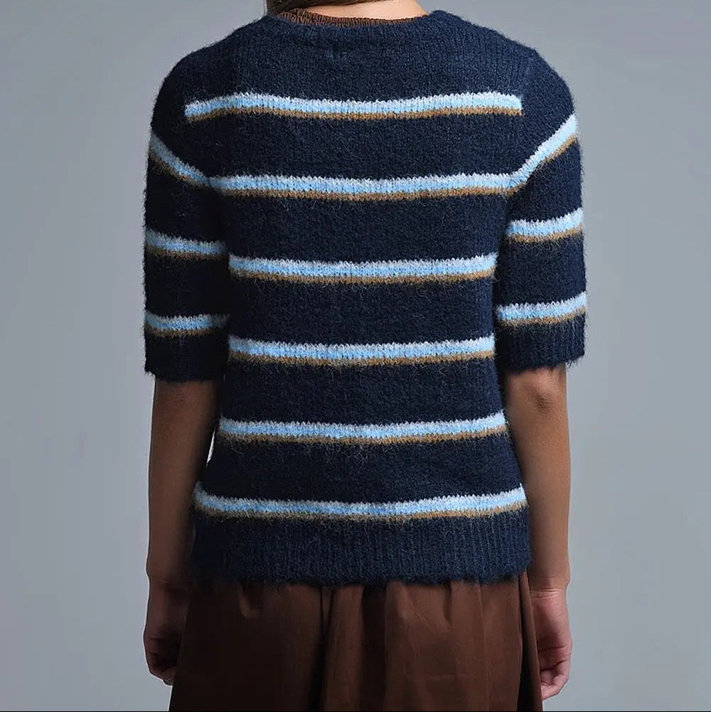 Short Sleeve Embroidered Love Sweater in Navy
