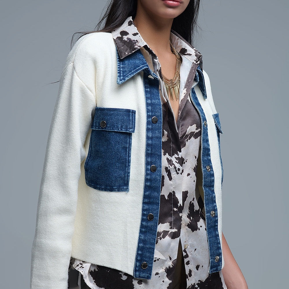 Cream Knitted Cardigan With Blue Denim Detail