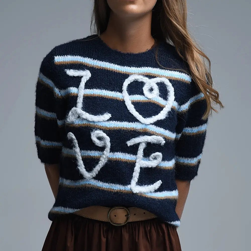 Short Sleeve Embroidered Love Sweater in Navy
