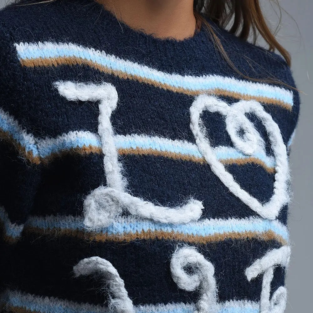 Short Sleeve Embroidered Love Sweater in Navy