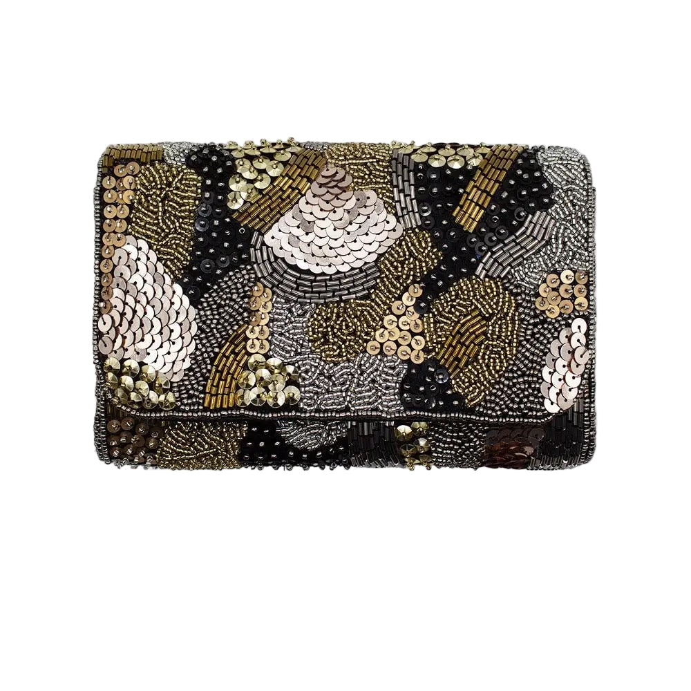 Embellished Gold & Black Beaded Rectangular Clutch