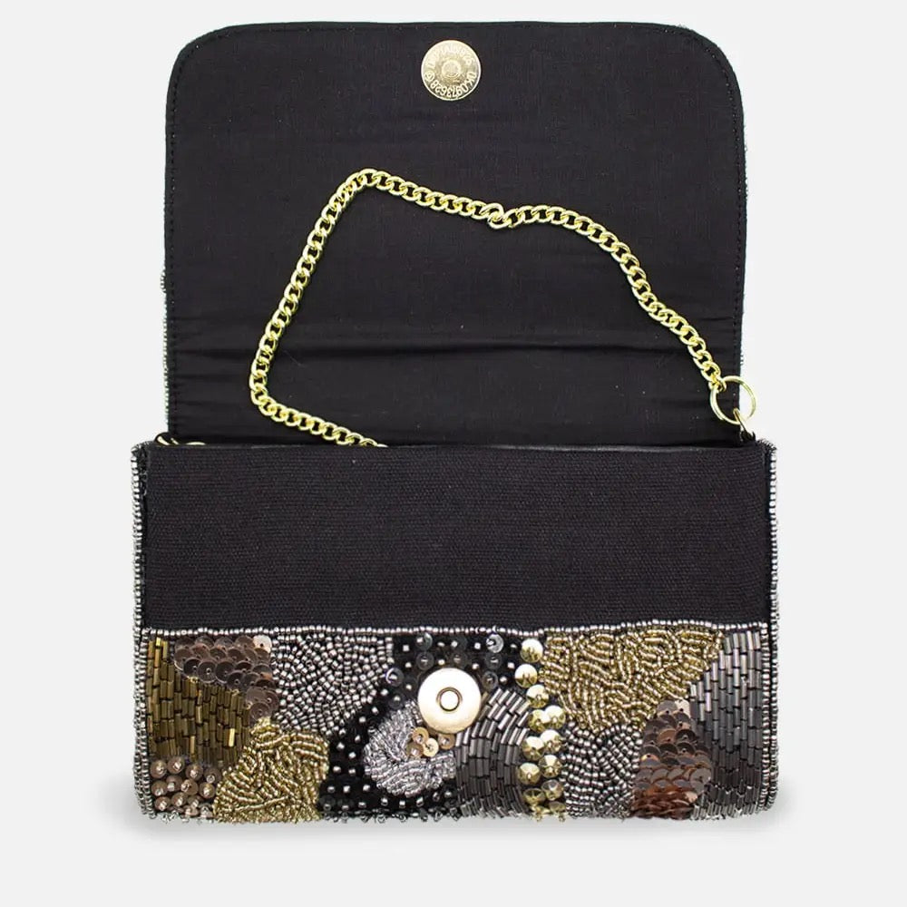 Embellished Gold & Black Beaded Rectangular Clutch