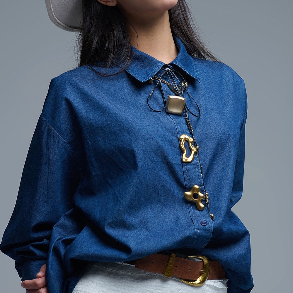 Relaxed Denim Shirt With Abstract Gold Button Detail