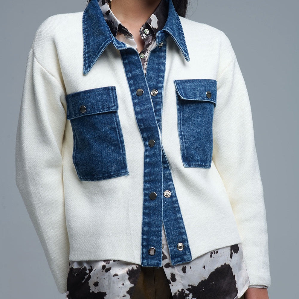 Cream Knitted Cardigan With Blue Denim Detail