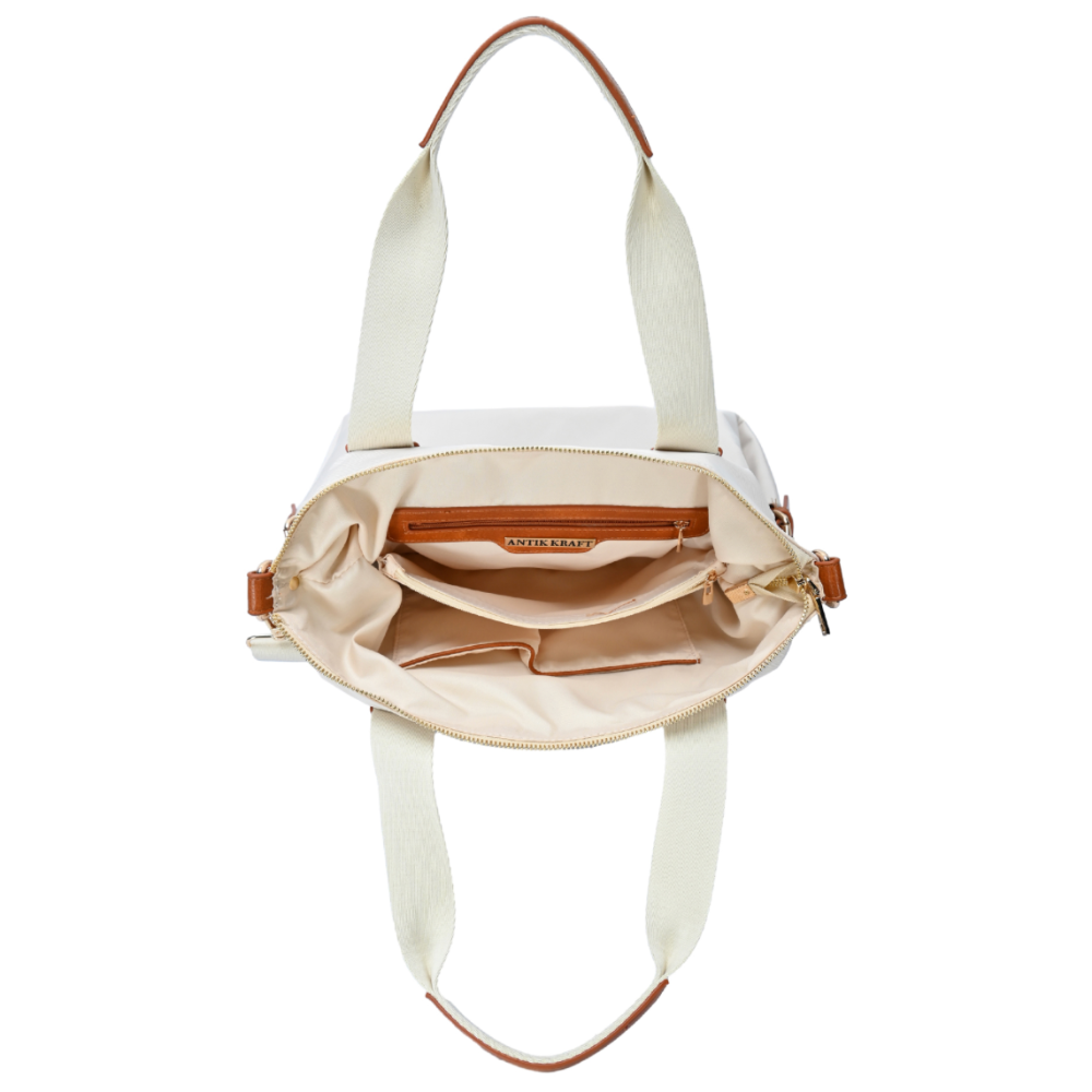 Woven Puffer Tote With Pockets In Cream