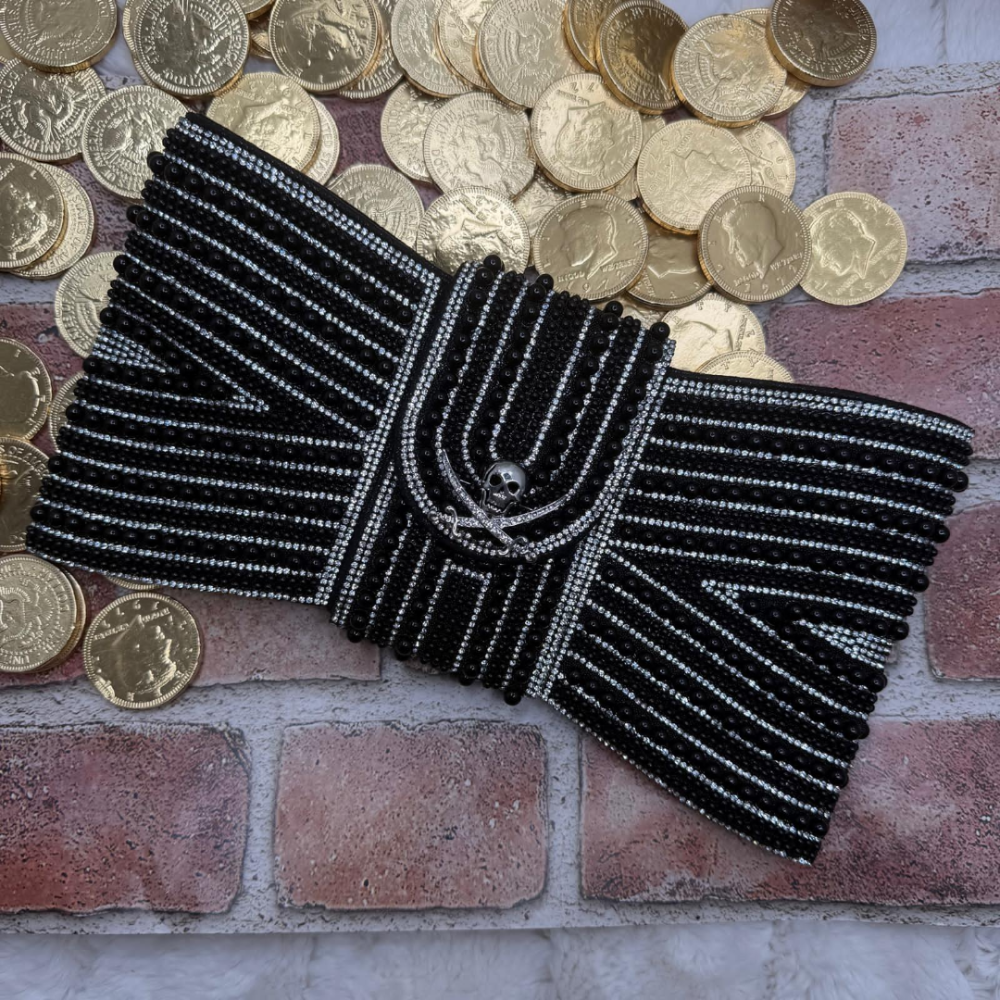 Bow Beaded Black & Silver Clutch with Removable Skull Pin