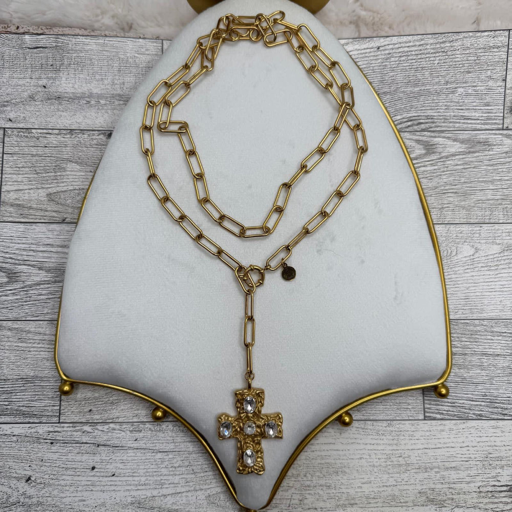 Paper Clip Chain With Golden Cross & Zircons