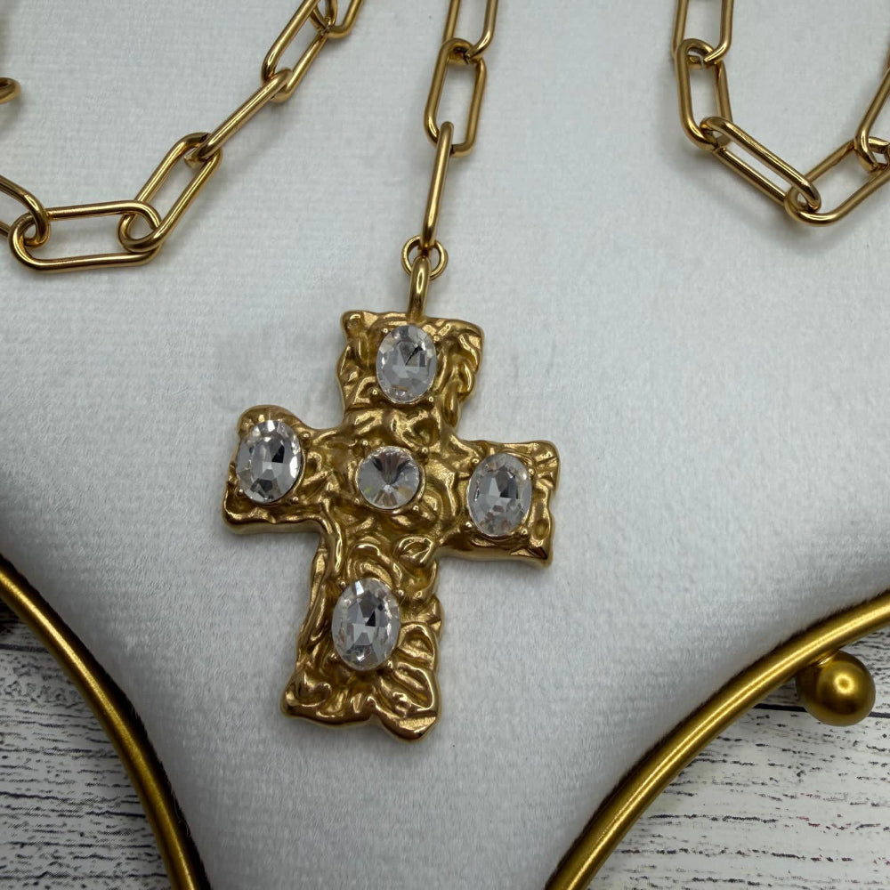 Paper Clip Chain With Golden Cross & Zircons