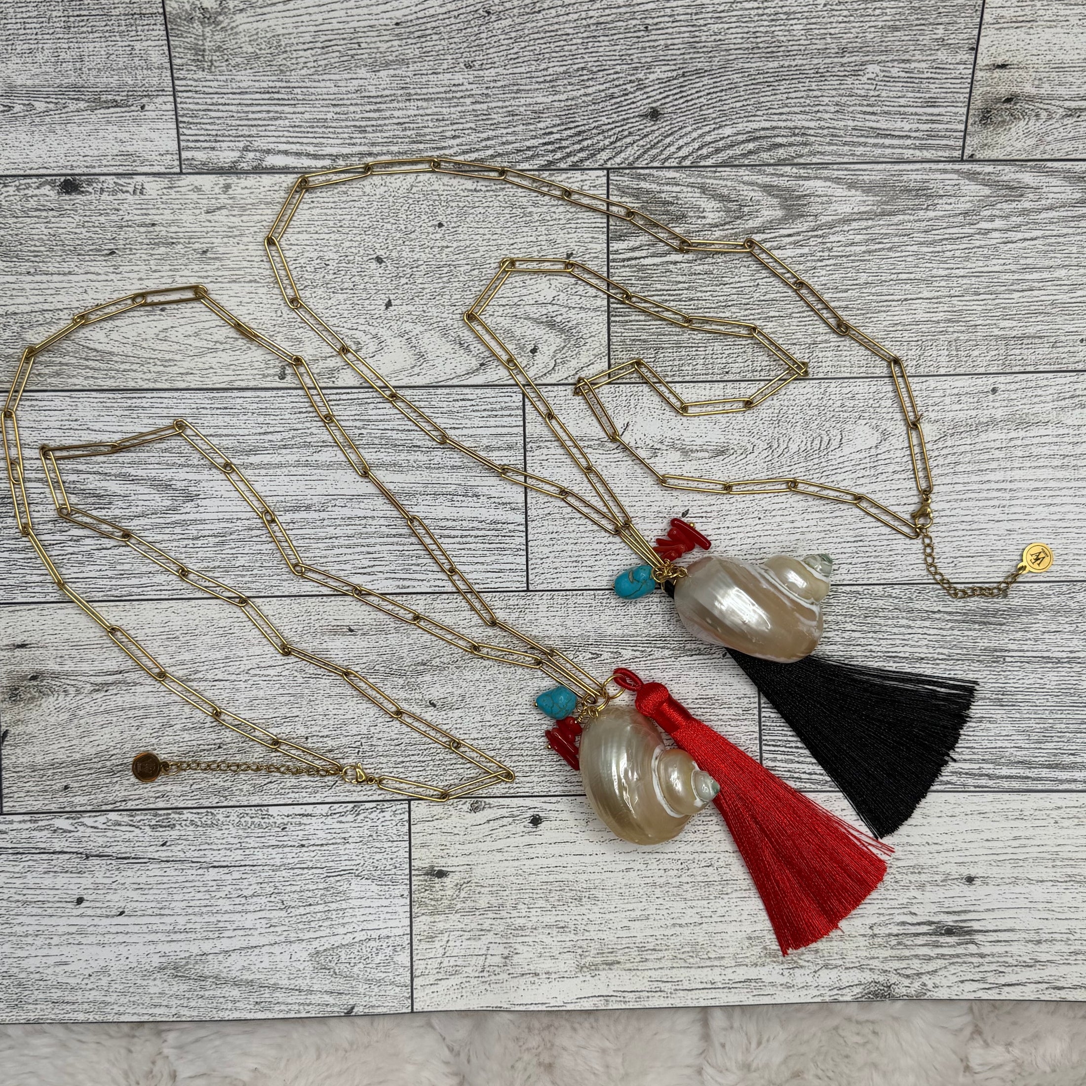 Long Paper Clip Necklace With Shell , Coral w/ Silk Tassels