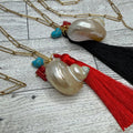 Long Paper Clip Necklace With Shell , Coral w/ Silk Tassels