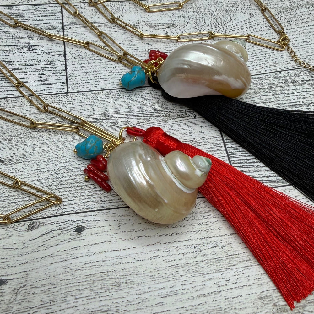 Long Paper Clip Necklace With Shell , Coral w/ Silk Tassels