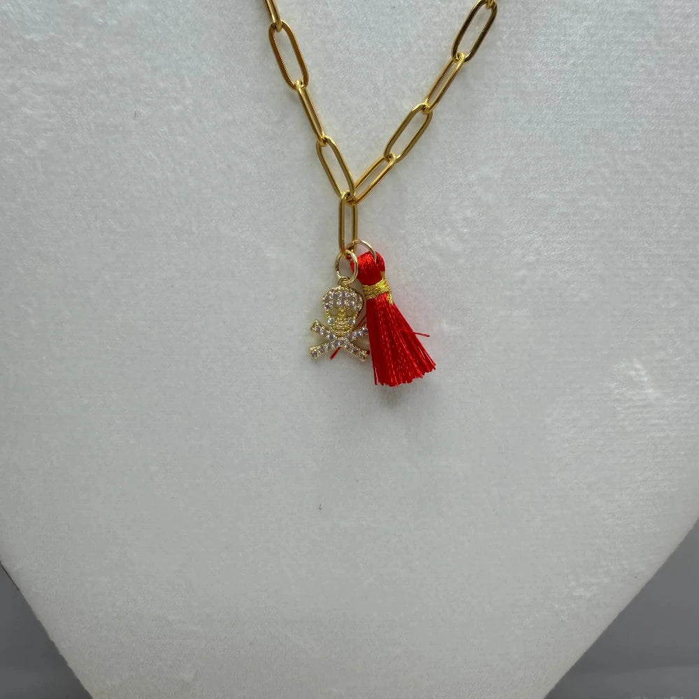 Dainty Single Pave Skull And Tassel Paper Clip Necklace