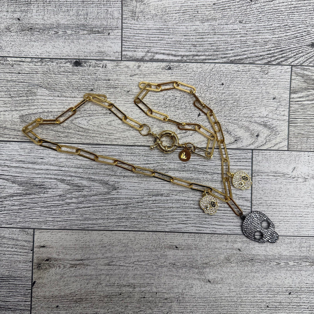 3 Skulls Pave Necklace