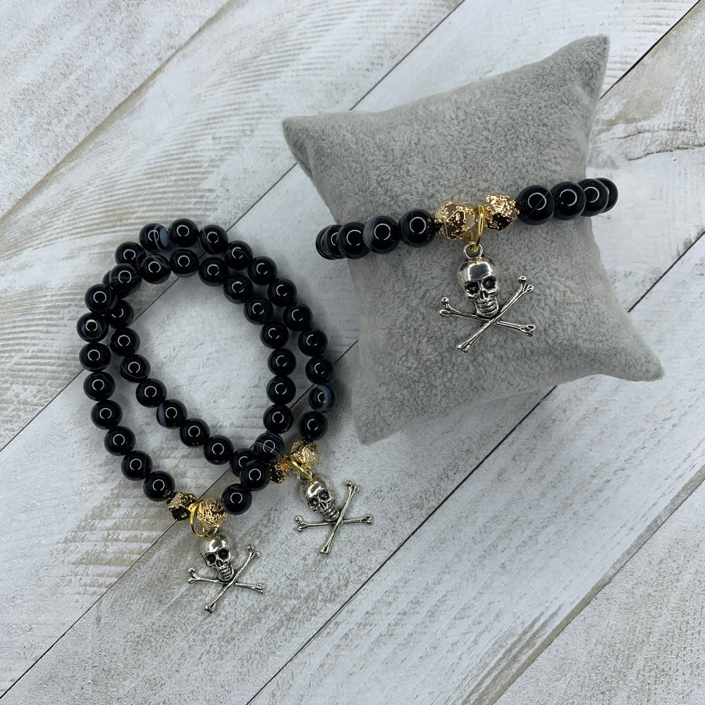 Zebra Agate Beads & Faceted Gold hematite Beads with Skull Charm