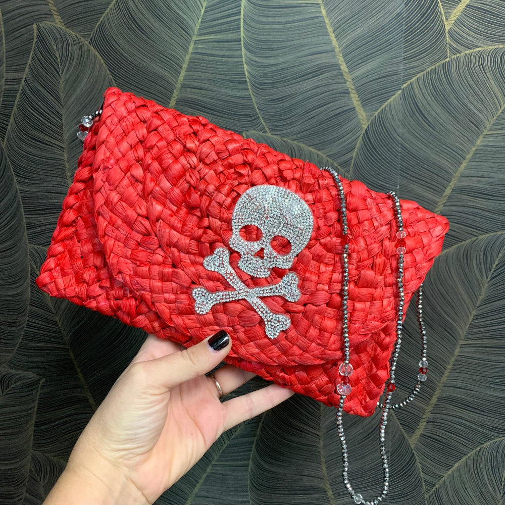 Straw Clutch With Crystal Skull