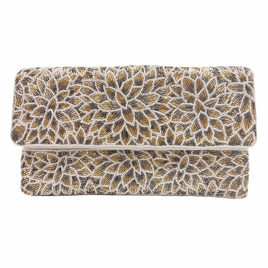Silver & Gold Flowers Beaded Clutch
