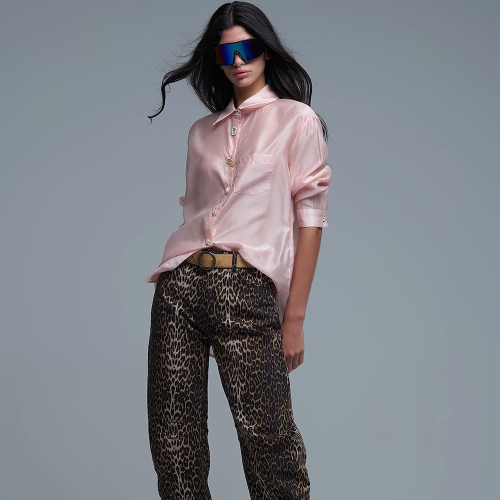 Silky Loose Shirt with Button Medley in Blush