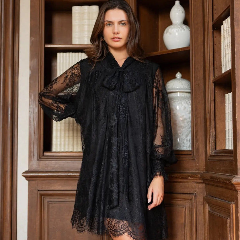 Lace Dress With Bow At The Collar