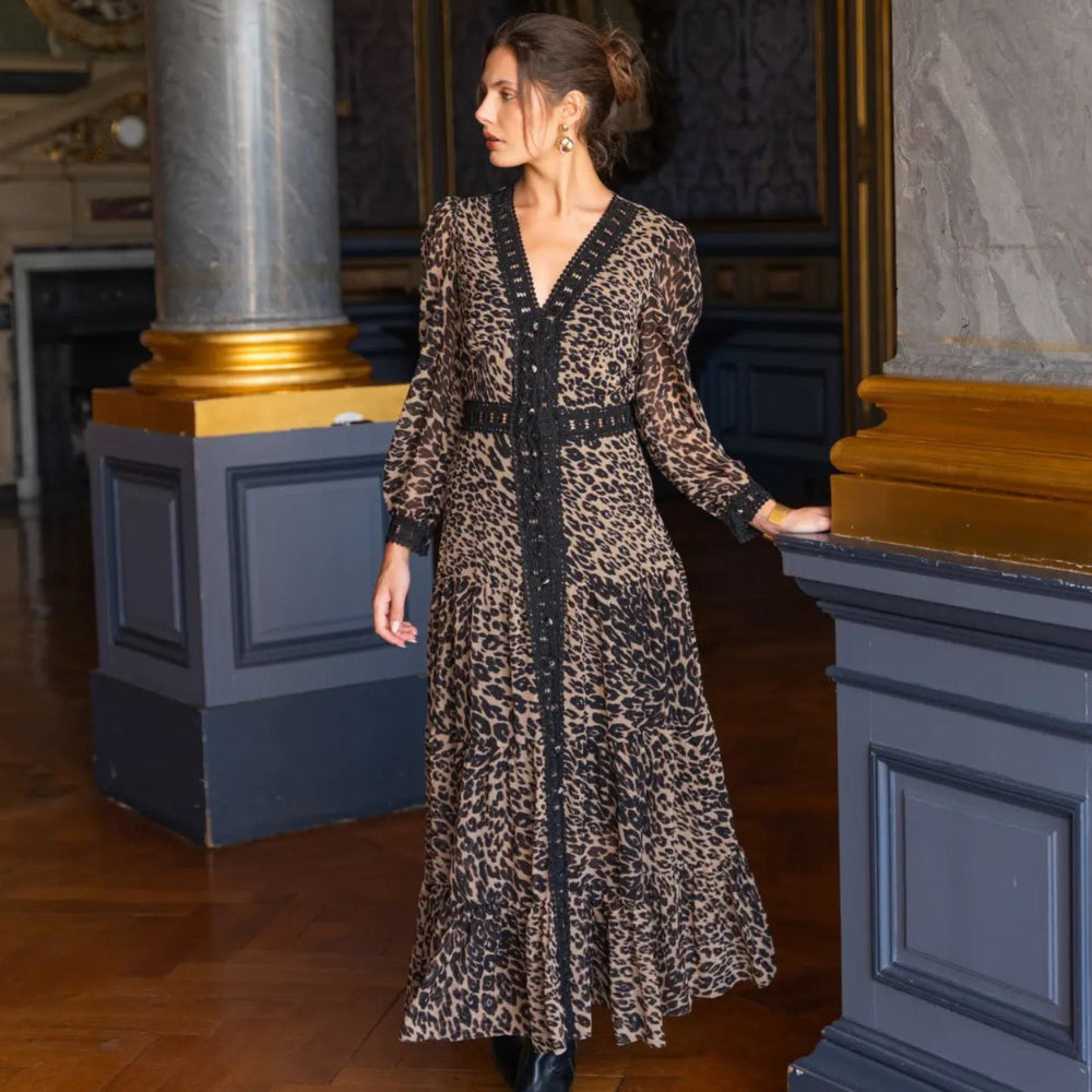 Avril Long Lace Leopard Print Dress